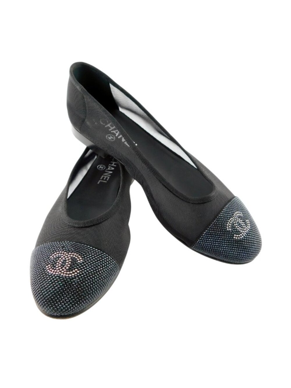 CHANEL Black Crystal CC Logo Cap Toe Mesh Suede Ballet Flats 37.5